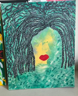 Green-toned portrait abstraction: a face with red lips framed by flowing dark locks rendered in fine pattern.